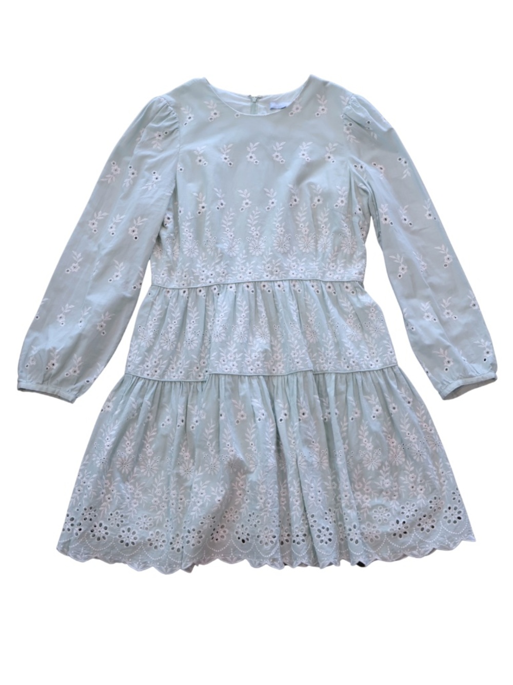 Antonio Melani Dress 12 Mint Green Eyelet Embroidered Tiered Puff Sleeve